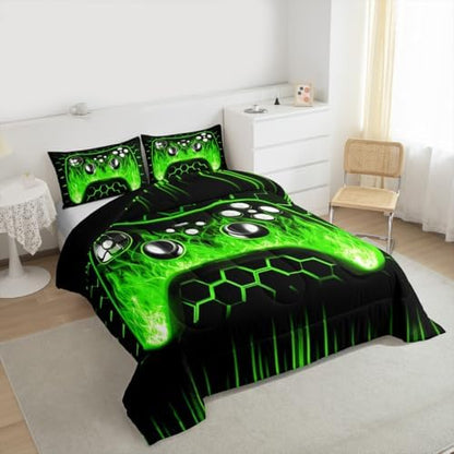 Erosebridal Ombre Art Honeycomb Gaming Bedding Set Green Neon Lights Game Console Toddler Bedding Sets for Boys Geometric Hexagon Beehive Quilt Set Gamer Room Decor for Boys