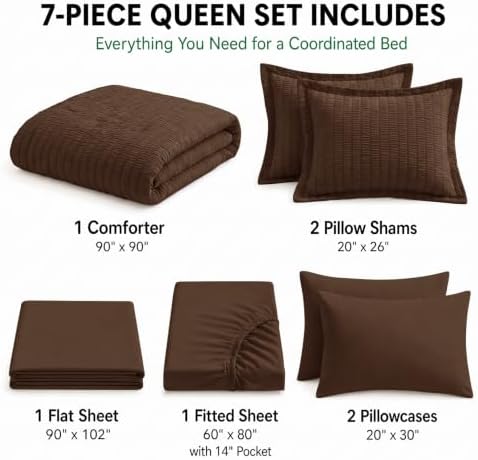 HIMEET Queen Comforter Set, 7-Piece Seersucker Bed in a Bag, Brown