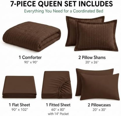 HIMEET Queen Comforter Set, 7-Piece Seersucker Bed in a Bag, Brown