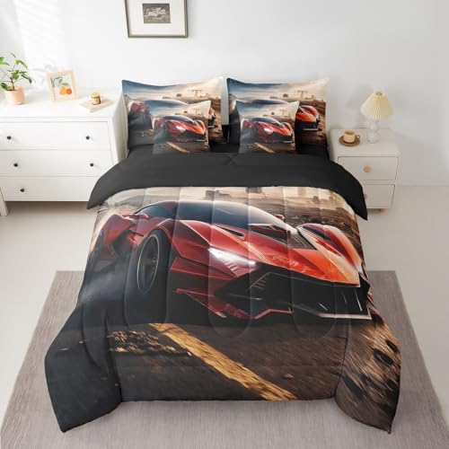 Erosebridal Red Race Car Bedding Set Full,Boys Racing Car Comforter Set,Extreme Sports Theme(Comforter+Fitted+Flat Sheet+2 Pillowcases+2 Throw Pillow Covers) 7 Pieces Teens Youth Toddler Bed Set