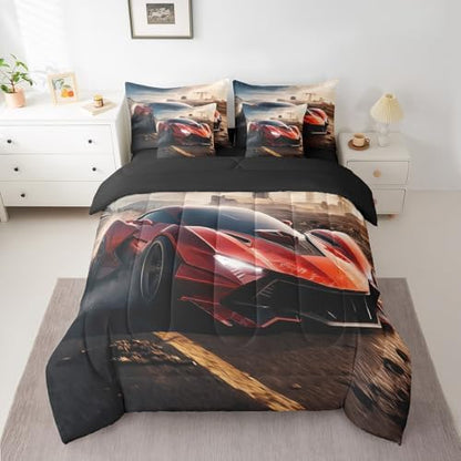 Erosebridal Red Race Car Bedding Set Full,Boys Racing Car Comforter Set,Extreme Sports Theme(Comforter+Fitted+Flat Sheet+2 Pillowcases+2 Throw Pillow Covers) 7 Pieces Teens Youth Toddler Bed Set