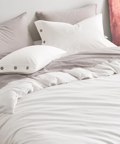 JELLYMONI 100% Washed Cotton White Duvet Cover Twin, Linen-Like