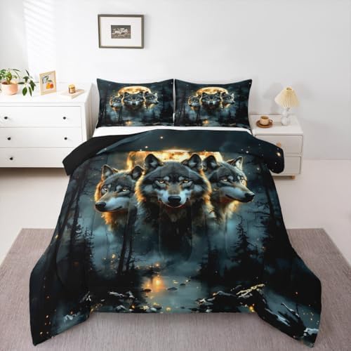 Wolf Kids Comforter Set Full Size,Pine Trees Moonlight Rustic Bedding Set,Girls Boys Room Decor,Wildlife Animals Adventure Lake House Quilt Comforter,Farmhouse Country Duvet Insert,2 Pillowcases