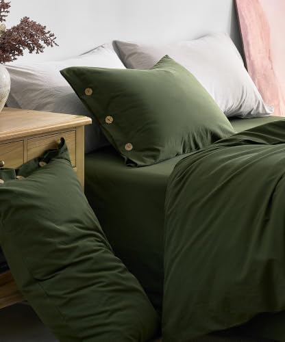 JELLYMONI 100% Washed Cotton Fall Olive Green Duvet Cover Full, Linen-Like