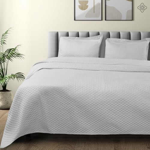 BIOWEAVES 100% Organic Cotton Quilts Queen Size - Diamond Stitched Quilted Bedspreads - All Season Oversized Coverlet Set - GOTS Certified Bedding Set | 1 Quilt & 2 Pillow Shams