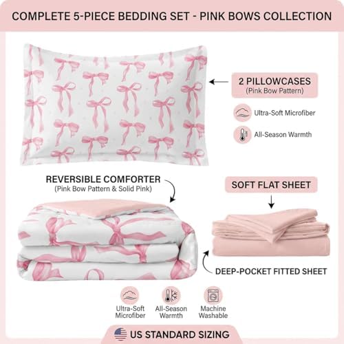 Pink Comforter Set for Girls Princess Bow Knot Bed Set Girly Bedding 5 Pieces Cute Ribbon Bow Decor for Teen Girls Room, Full Size