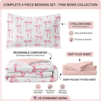 Pink Comforter Set for Girls Princess Bow Knot Bed Set Girly Bedding 5 Pieces Cute Ribbon Bow Decor for Teen Girls Room, Full Size