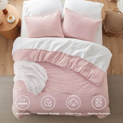 Bedsure PureWoven Cotton Comforter Set Prewashed, Queen, Light Pink