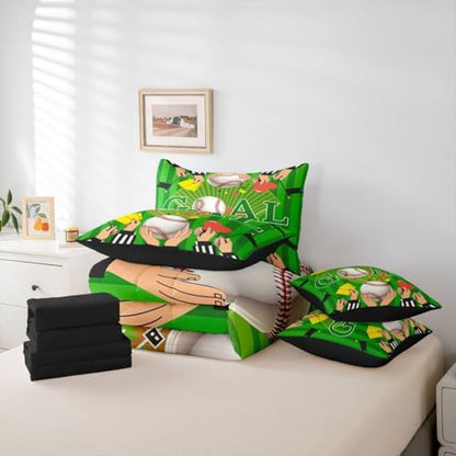 Erosebridal Green Baseball Ball Games Sports Theme 7 Piece Bedding Set Twin | Boys Gaming Pattern Boys Kids Comforter Set with Sheets Stripes Geometric Bed in A Bag Playground Bed Sets