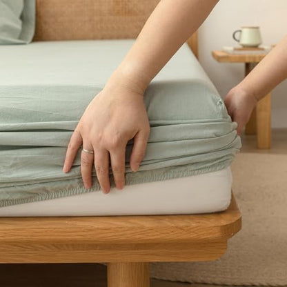 BESTOUCH King Washed Cotton Linen Feel Sheet Set 4 Pcs Sage Green