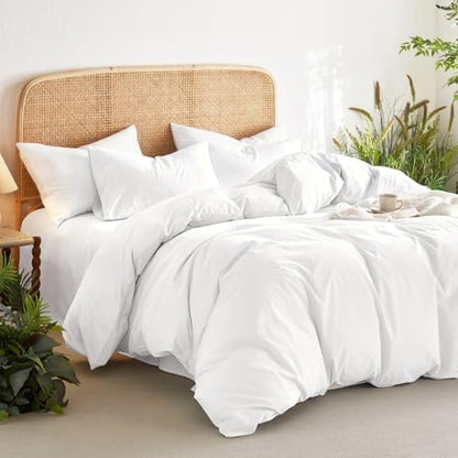 Wake In Cloud - Cotton Duvet Cover Set, 100% Washed Cotton, Linen Like Textured, Breathable Durable Comfy Farmhouse Neutral Bedding Set, 3 Pieces, White, King Size
