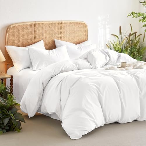 Wake In Cloud - Cotton Duvet Cover Set, 100% Washed Cotton, Linen Like Textured, Breathable Durable Comfy Farmhouse Neutral Bedding Set, 3 Pieces, White, Queen Size