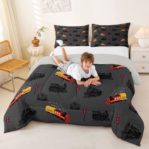 Feelyou Vintage Retro Train Comforter Set Full Size Steam Locomotive Down Bedding Set for Kids Boys Girls Transportation Vehicles Duvet Quilt Bedroom Decor Microfiber 3 Pcs with 2 Pillow Cases