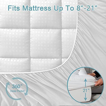 HYLEORY Full XL Mattress Pad Quilted Fitted Mattress Protector Cooling Pillow Top Mattress Cover Breathable Fluffy Soft Mattress Topper with 8-21" Deep Pocket
