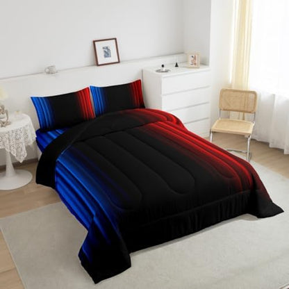 Feelyou Geometric Ombre Teens Comforter Set Twin Size Kids Boys Women Blue Red and Black Bedding Set Decor Modern Stripes Comforter 2Pcs