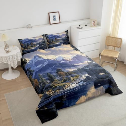 Lake House Comforter Set Twin Size,Snowmountain River Nature Scenery Bedding Set for Kids Boys Girls Room Decor,Camping Adventure Quilt Set 2Pcs,Natural Mountain Tree Duvet Insert,1 Pillowcase