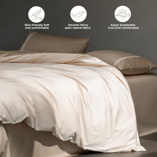 Queen Size Duvet Cover, 100% Egyptian Cotton,1600 Thread Count, Reversible Duvet Cover, Soft and Breathable Satin Bedding Set, All Seasons (Heather Milk Coffee, 90"x90")