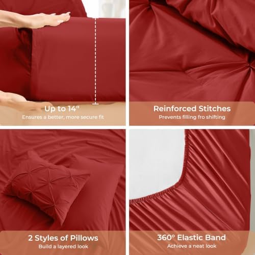 Sasttie Full Size Comforter Set, 7-Piece Bed in a Bag Double, Pintuck Bedding Set for All Season, Includes Comforter, Flat Sheet, Fitted Sheet, Pillowcases and Pillowshams, Red