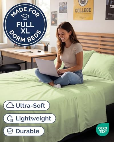 Full XL Sheets - 4 Piece Full XL Sheet Set - Breathable - Light Sage Green