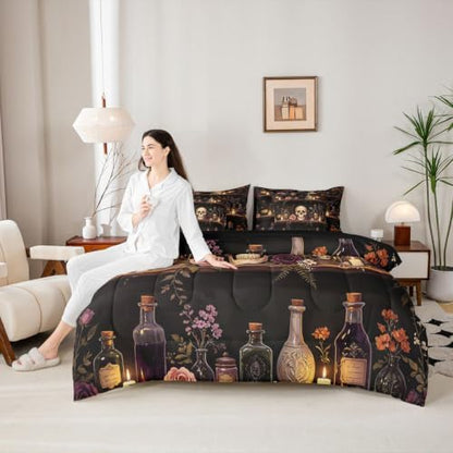 Erosebridal Skull Halloween 7 Piece Bedding Set Queen Cool Painting Comforter Set with Sheets Gothic Vintage Witchy Bed in a Bag Spooky Magic Bookshelf Bed Sets Comforter