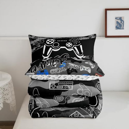 Homewish Video Games Boys Comforter Set King Size,Cartoon Gamepad Bedding Set 3Pcs for Kids Teens Men Room Decor,Modern Gaming Quilted Duvet Fashion Black Grey Down Comforter,2 Pillowcases