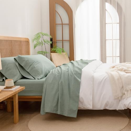 BESTOUCH Cal King Washed Cotton Linen Feel Sheet Set 4 Pcs Solid Green