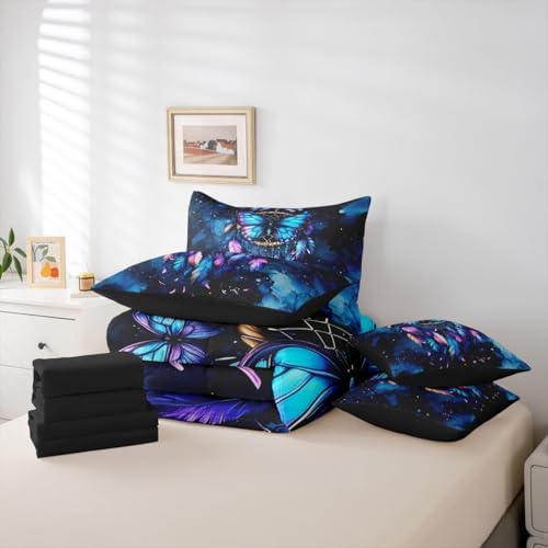 Erosebridal Blue Butterfly Dream Catcher Queen Bed in A Bag 7 Piece Marble Comforter Set with Sheets Boho Gypsy Butterfly Bedding Sets for Kids Girls Women,Indian Hippie Feather Bed Set