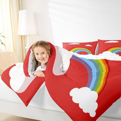 Girls Rainbow Twin Size Comforter Set,Kids Red Background Decor All Season Bedding Set,Teens Colorful Stripes Comforter,Children Fairy Tale Decor Quilt Set Bedroom Collection 2Pcs