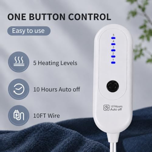Heated Blanket Electric Blanket Twin Size, Fast Heating & Overheating Protection, Ultra Soft Heated Throw Blanket Twin Size with 5 Heating Levels & 10 Hours Auto Off, 62"x84", Navy Blue