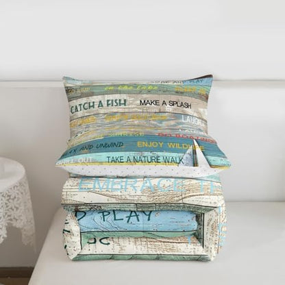 Castle Fairy Lake House Comforter Set Queen Size,Rustic Farmhouse Wooden Bedding Set 3pcs for Kids Teens Adults Room Decor,Boating Lover Quilt Set Vintage Sea Adventure Duvet Insert,2 Pillowcases