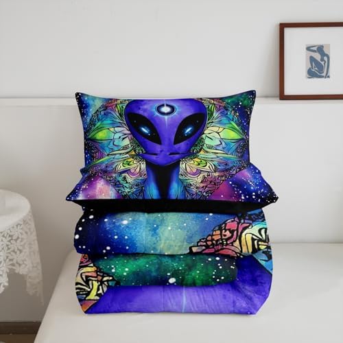 Erosebridal Trippy Alien Comforter Set King, Boho Tie Dye Bedding Sets for Kids Teens Adult Galaxy Outer Space Down Comforter Psychedelic Hippie Skull Duvet Sets 3 Pieces with 2 Pillow Cases