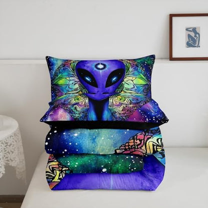 Trippy Alien Comforter Set Full Galaxy Hippie Bedding Set for Kids Boys Teens Trippy Room Decor, Outer Space Solar System Duvet Sets Boho Psychedelic Tie Dye Down Comforter with 2 Pillow Cases