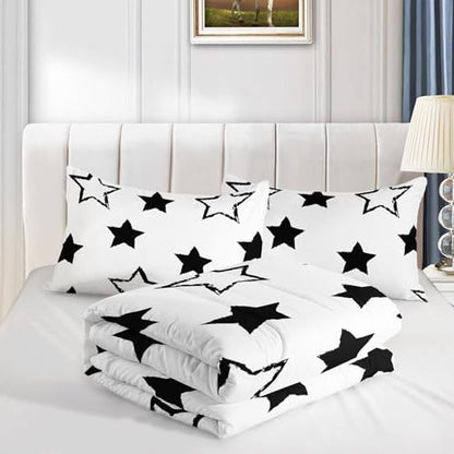 Axolotl Kids King Bedding Comforter Set,3Pcs Cute Black and White Stars Quilt Set for Kids,Geometric Stars Bedding with 1 Comforter 2 Pillowcases for Boys Girls Teens Adults Room Decor All Season
