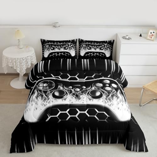 Erosebridal Ombre Art Honeycomb Gamer Bedding Set Grey Neon Lights Game Console Boys Bedding Full Size Geometric Hexagon Beehive Down Comforter Gaming Decor for Boys Bedroom Decor