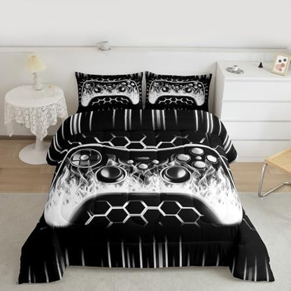 Erosebridal Ombre Art Honeycomb Gamer Bedding Set Grey Neon Lights Game Console Boys Bedding Full Size Geometric Hexagon Beehive Down Comforter Gaming Decor for Boys Bedroom Decor
