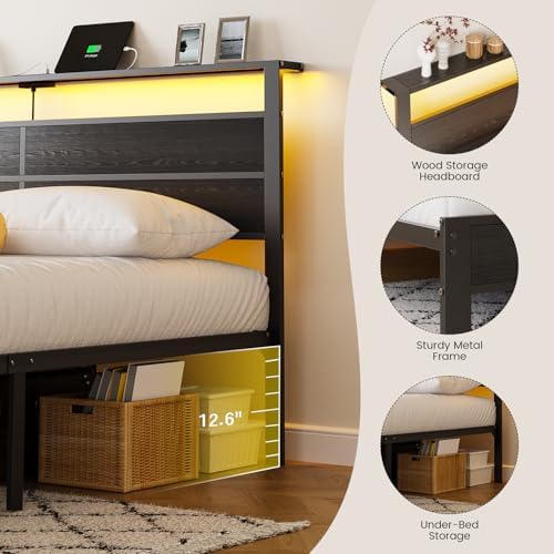 Liians Queen Size Black Metal Bed Frame with USB Type-C Charging Headboard, Smart LED Lights, Noise-Free Platform Bed, No Box Spring Needed, Easy Assembly
