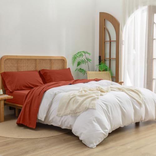 BESTOUCH Sheet Set 100% Washed Cotton Linen Feel Super Soft Comfortable Chic Lightweight 4 Pcs Home Bedding Set Solid Burnt Brick Red Queen
