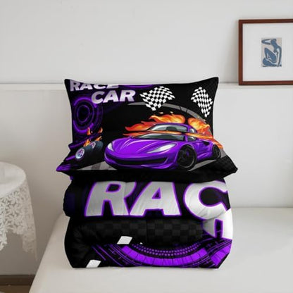 Feelyou Kids Purple Race car Comforter Set King Size Speed Sports Car Bedding Set Boys Girls Automobile Racing Car Quilt Set Extreme Sports Theme Bed Set