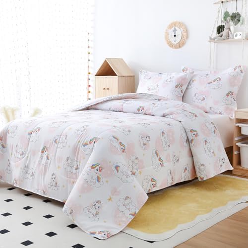 Yibeizi Kids Unicorn Twin Bed Comforter Set Pink Heart Bedding