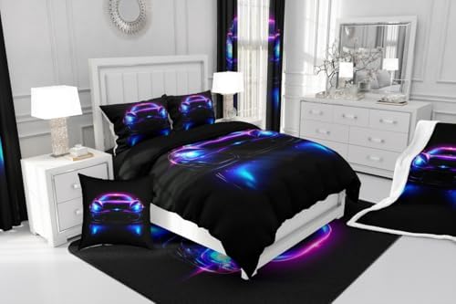 Erosebridal Neon Race Car Boy Twin Bedding Sets for Kids,Watercolor Cars Comforter Set for Child Room Decor,Retro Speed Racing Cars Comforter,Hot Pink Sports Racing Games Quilt,Purple Blue and Black