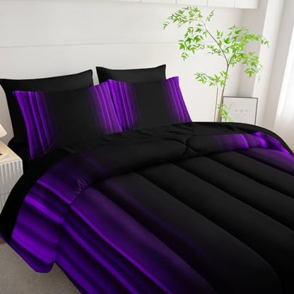 Nttopship Purple and Black Bedding Set Twin Size Abstract Ombre Comforter Set Bedding Set 7 Piece in A Bag,Dark Quilt Set Mordern Art Decor All Seasons with Pillowcases,Flat, Fitted Sheet