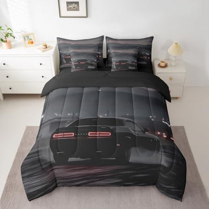 Erosebridal Cool Racing Car 7 Pieces Bedding Set Queen Size,Boys Speed Car Bed in a Bag,Extreme Sports Bed Set Includes Comforter,Sheet Set,Pillowcases & Pillow Covers,Black Race Cars Bedroom Decor