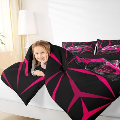 Castle Fairy Modern Race Cars Twin Size Comforter Set,Pink Racing Car Duvet Set Soft Bed Collection,Extreme Sport Abstract Geometric Lines Bedding Comforter for Boys Girls Bedroom,2 Pcs