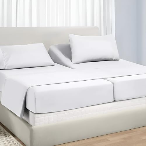 NON Sticky cotton Adjustable Split King Sheet Set for Sleep Number Beds, Premium 100% Long Staple Cotton Bedding, Two Twin XL 39" X 80" Fitted Sheets Fits Up to 18" Deep Mattress, White Solid