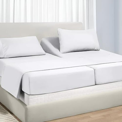NON Sticky cotton Adjustable Split Queen Sheet Set for Sleep Number Beds, Premium 100% Long Staple Cotton Bedding, Two 30" X 80" Fitted Sheets Fits Up to 18" Deep Mattress, White Solid