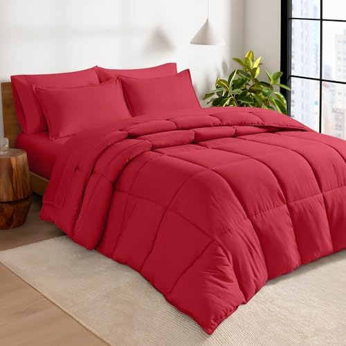 Bare Home Bed-in-A-Bag 7 Piece Comforter & Sheet Set - California King - Goose Down Alternative - Ultra-Soft 1800 Premium Bed Set (Cal King, Red/Red)