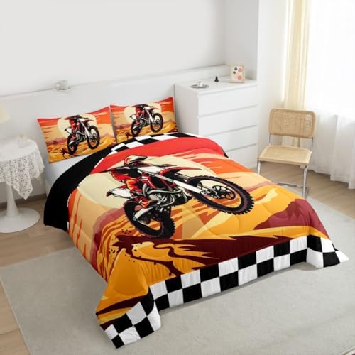 Feelyou Sunset Motocross Comforter Set Queen Dirt Bike Rider Bedding Set for Kids Boys Girls Checkered Flag Duvet Quilt Off-Road Racing Design Bedroom Decor Outdoor Sports 3 Pcs with 2 Pillow Cases
