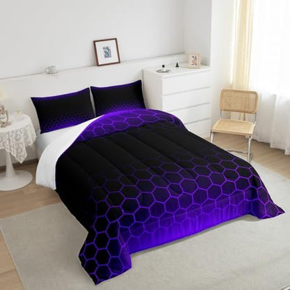 Purple Black Ombre Honeycomb Comforter Set Twin Size, Abstract Hexagonal Bedding Set for Kids Geometrics Honeycomb Comforter Beehive Hexagon Duvet Set Durable Bed Set 2Pcs