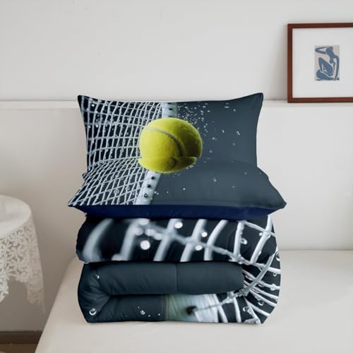 Castle Fairy 3D Tennis Comforter Set Queen Size for Kids Modern Sport Competition Bedding Sets All Season Tennis Racket Print Quilt Set Bedroom Decor Ball Games Down Comforter,3Pcs