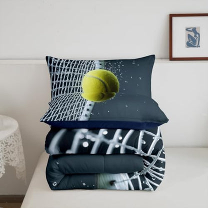 Castle Fairy 3D Tennis Comforter Set Queen Size for Kids Modern Sport Competition Bedding Sets All Season Tennis Racket Print Quilt Set Bedroom Decor Ball Games Down Comforter,3Pcs